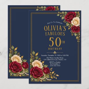 Navy Burgundy Roses Gold Flowers 50th Birthday  Invitation