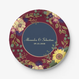 Navy Burgundy Sunflower Wedding Paper Plate
