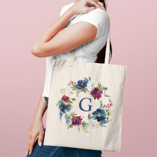 Navy Burgundy Watercolor Floral Initial Tote Bag