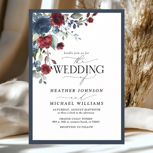 Navy Burgundy Watercolor Floral QR Code Invitation (Creator Uploaded)
