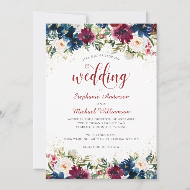 Navy Burgundy Watercolor Floral Wedding Invitation (Front)