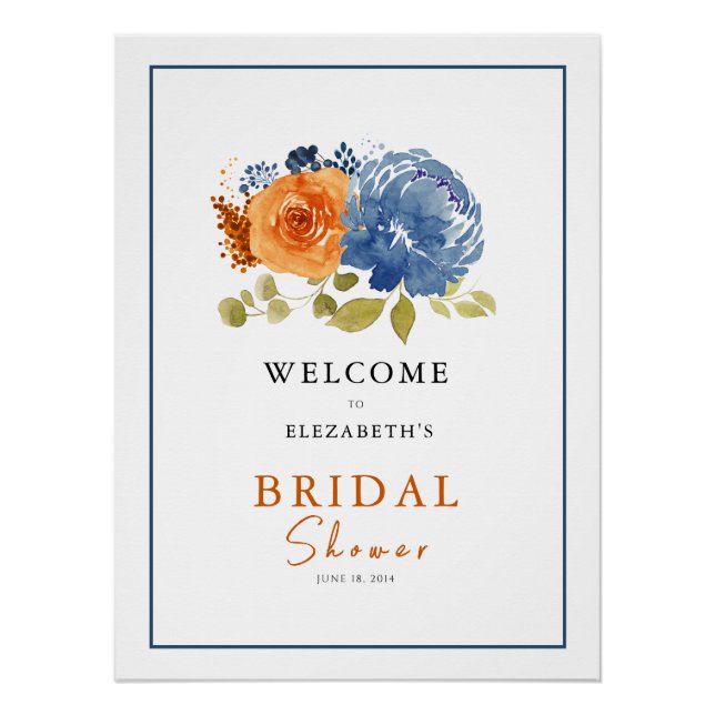 Navy  Burnt Orange Bridal Shower Wedding Welcome Poster (Front)