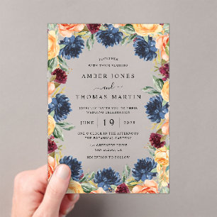 Navy Burnt Orange Burgundy Floral Wedding  Acrylic Invitations