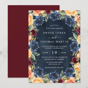 Navy Burnt Orange Burgundy Floral Wedding  Invitation
