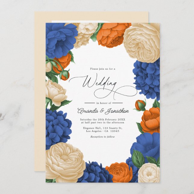 Navy, Burnt Orange & Champagne Floral Wedding Invitation (Front/Back)