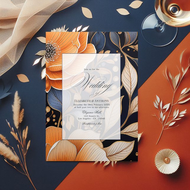 Navy, Burnt Orange & Champagne Floral Wedding Tri-Fold Invitation (Navy, Burnt Orange and Champagne Floral Wedding Tri-Fold Invitation)