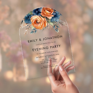 Navy Burnt Orange Florals Wedding Evening Party  Acrylic Invitations