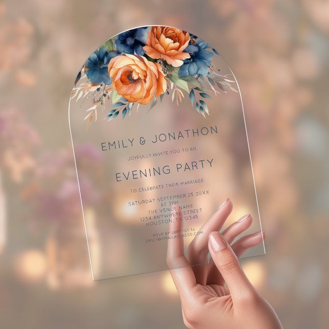 Navy Burnt Orange Florals Wedding Evening Party Acrylic Invitations (Creator Uploaded)