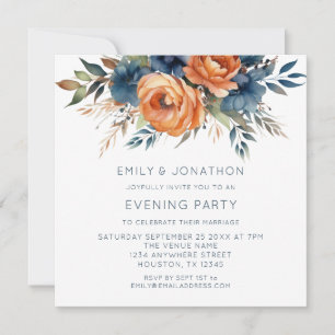 Navy Burnt Orange Florals Wedding Evening Party Invitation
