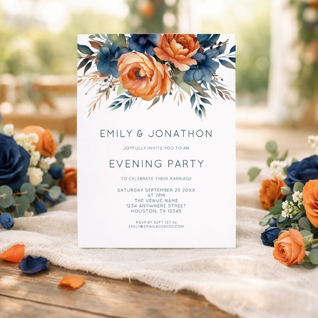 Navy Burnt Orange Florals Wedding Evening Party Invitation (Creator Uploaded)