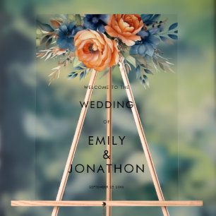 Navy Burnt Orange Florals Welcome Wedding  Acrylic Sign