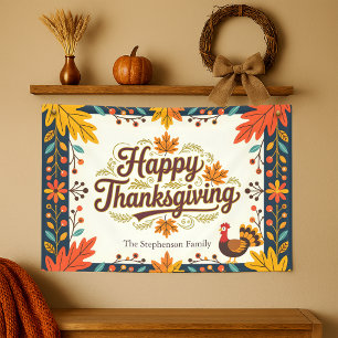 Navy Burnt Orange Folk Art Turkey Thanksgiving Banner