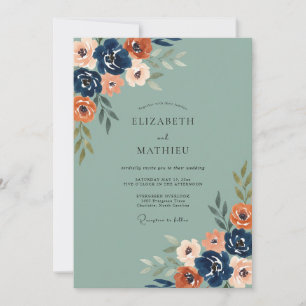 Navy Burnt Orange Leaf Wedding Invitation