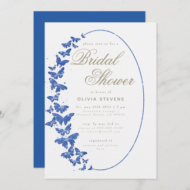 Navy Butterflies Boho Frame Elegant Bridal Shower Invitation (Front/Back)