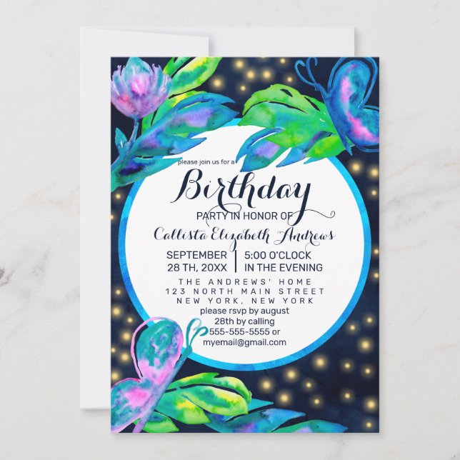 Navy Butterfly Floral Leaves Watercolor Birthday Invitation (Front)