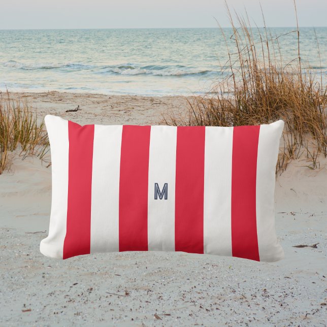 Navy Cabana Stripe & Personalised Red Monogram Lumbar Cushion (Creator Uploaded)
