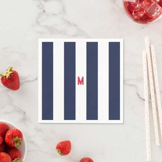 Navy Cabana Stripe & Personalised Red Monogram Napkin (Insitu)