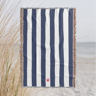 Navy Cabana Stripe & Personalised Red Monogram Throw Blanket
