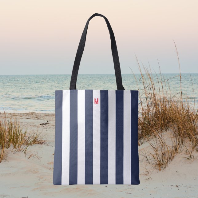 Navy Cabana Stripe & Personalised Red Monogram Tote Bag (Creator Uploaded)