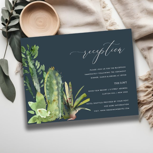NAVY CACTI FOLIAGE WATERCOLOR WEDDING RECEPTION ENCLOSURE CARD (Creator Uploaded)