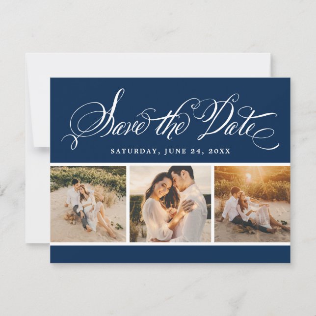 Navy Calligraphy Script Wedding Photo Collage Save The Date (Front)