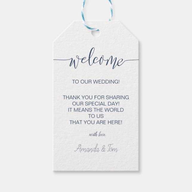 Navy Calligraphy Wedding Welcome Gift Tags (Front)