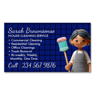 Navy Cartoon Cleaning Janitorial Lady Tile Washing Magnetic Business Card