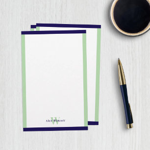Navy & Celadon Borders Monogrammed Stationery