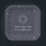Navy Celestial First Trip Around The Sun Paper Plate<br><div class="desc">A navy background with a stars and moon pattern around the outside. Inside the design features a sun outline,  with 'first trip around the sun' typography featuring your child's name. Perfect for your little one's First Birthday party!</div>