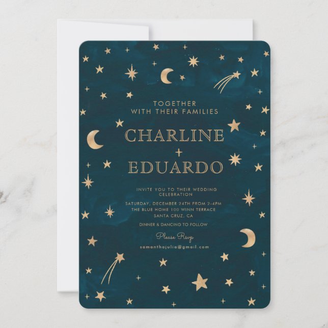 Navy Celestial Gold Stars Moon Astronomy Wedding Invitation (Front)