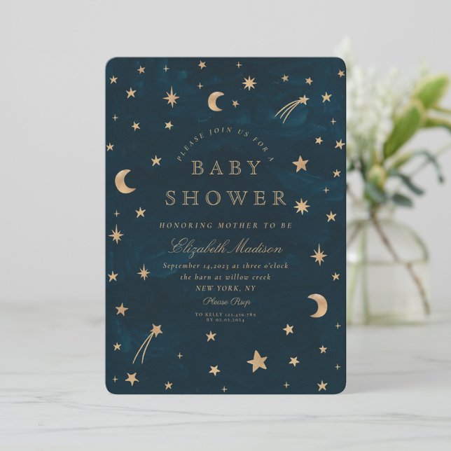 Navy Celestial Gold Stars Moon Baby Shower  Invitation (Creator Uploaded)