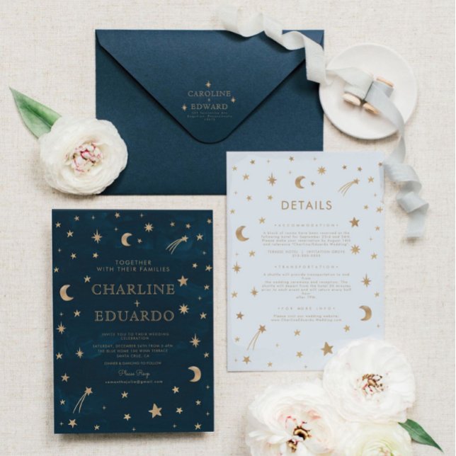 Navy Celestial Gold Stars Moon Elegant Wedding Invitation (Creator Uploaded)