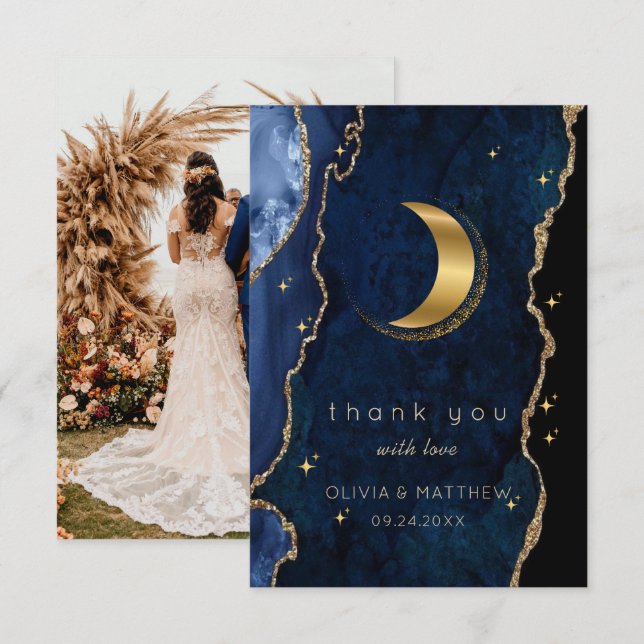 Navy Celestial Gold Wedding  Thank You Card (Front/Back)