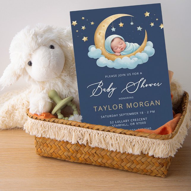Navy Celestial Moon Baby Stars Baby Shower Invitation (Creator Uploaded)