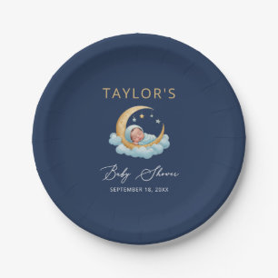 Navy Celestial Moon Stars Baby Shower Paper Plate