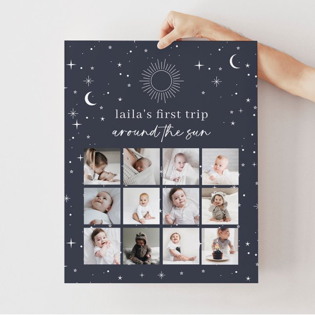 Navy Celestial Sun 1st Birthday Photo Collage Poster (Creator Uploaded)