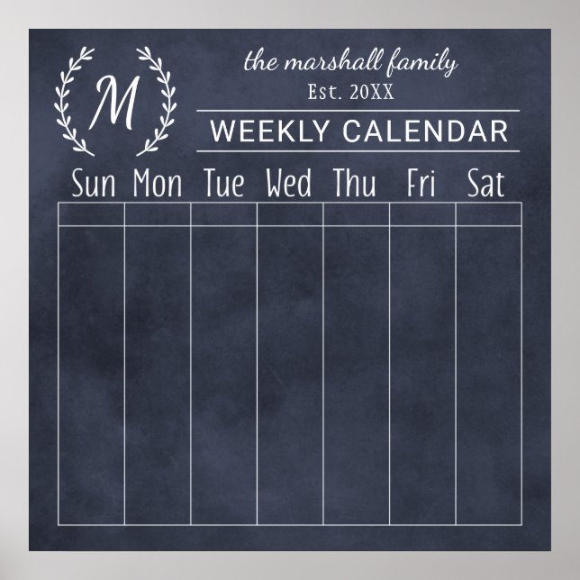 Navy Chalkboard Weekly Family Monogram Calendar Poster (Front)