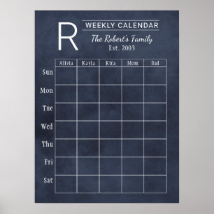 Navy Chalkboard Weekly Family Monogram Calendar Poster