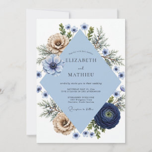 Navy Champagne Anemone Wedding Invitation