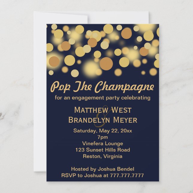 Navy Champagne Bubbles Engagement Party Invitation (Front)