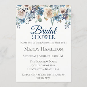 Navy Champagne Floral Bridal Shower Invitation