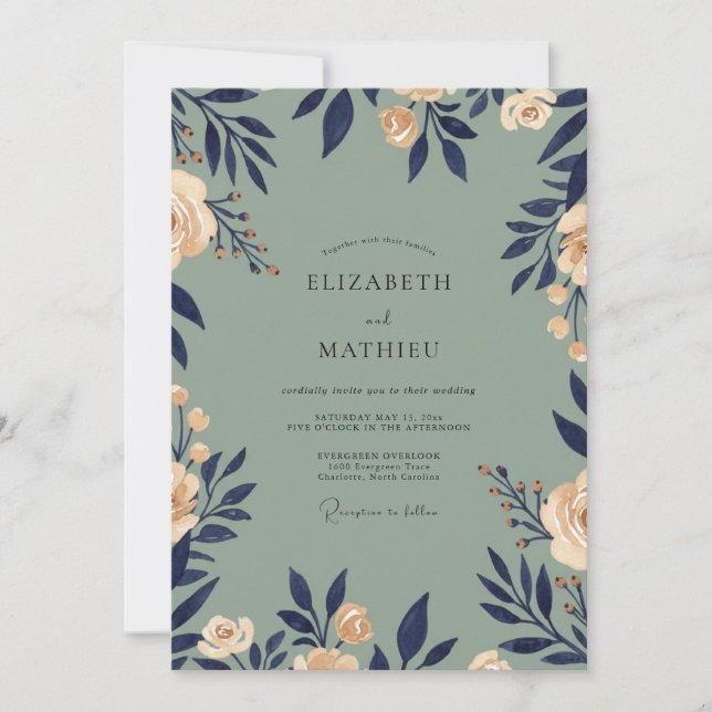 Navy Champagne Foliage Eucalyptus Wedding Invitation (Front)