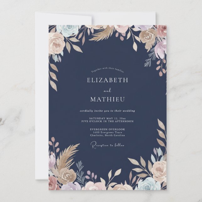 Navy Champagne Pampas Eucalyptus Wedding Invitation (Front)