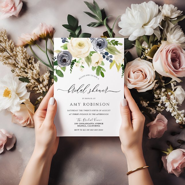 Navy & Champagne Watercolor Flowers Bridal Shower Invitation (Creator Uploaded)