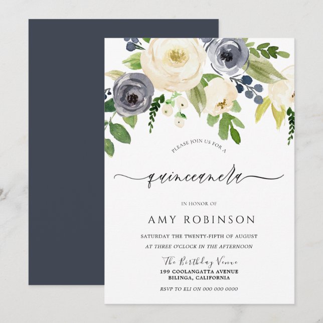 Navy & Champagne Watercolor Flowers Quinceanera Invitation (Front/Back)