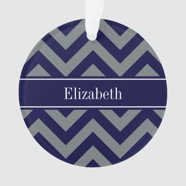 Navy, Charcoal LG Chevron Navy Blue Name Monogram Ornament (Front)