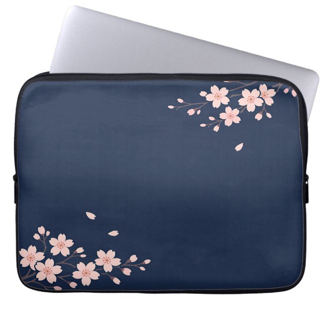 Navy Cherry Blossom Branch Laptop Sleeve (Front)