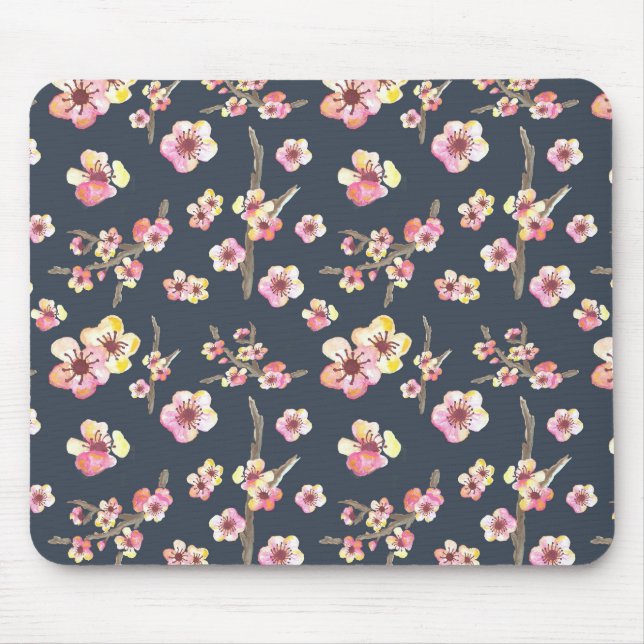 Navy Cherry Blossom Floral Mouse Pad (Front)