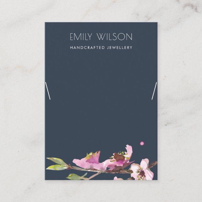 NAVY CHERRY BLOSSOM FLORAL NECKLACE DISPLAY LOGO BUSINESS CARD (Front)