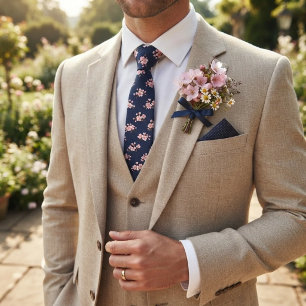 Navy Cherry Blossom Soft Pink Sakura Floral Tie